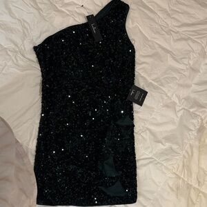 Lulu's deep green Sequin One-Shoulder Dress mini